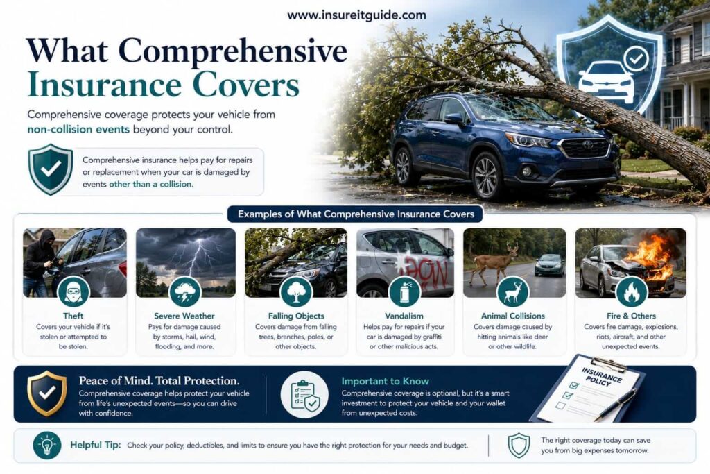 Detailed infographic showing what comprehensive auto insurance covers, including theft, hail damage, vandalism, floods, animal collisions, and falling objects.