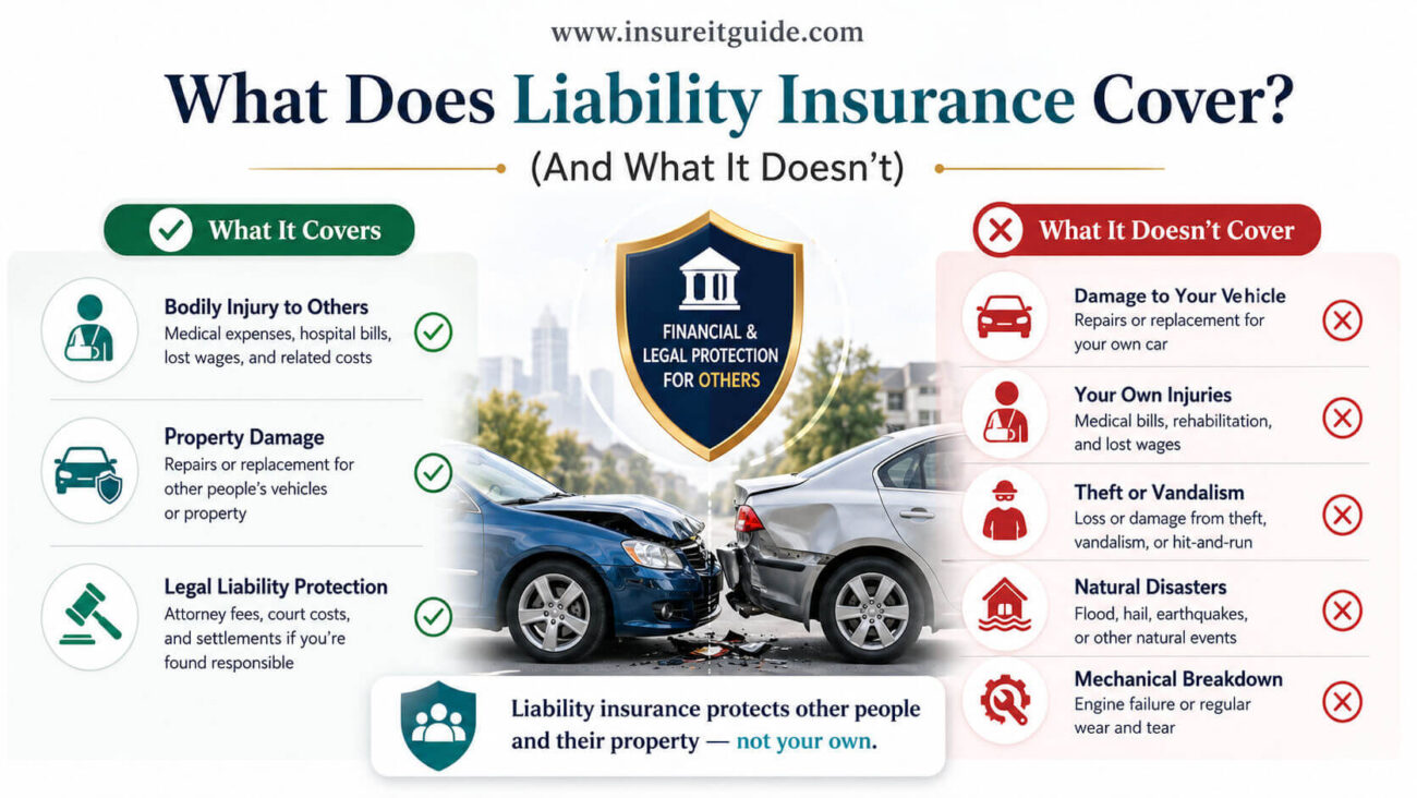 Infographic showing what liability insurance covers and does not cover in the USA