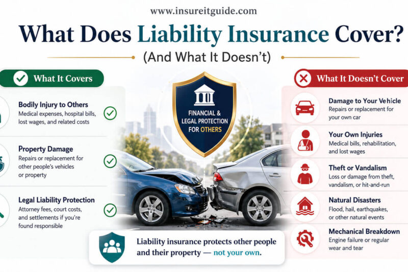 Infographic showing what liability insurance covers and does not cover in the USA