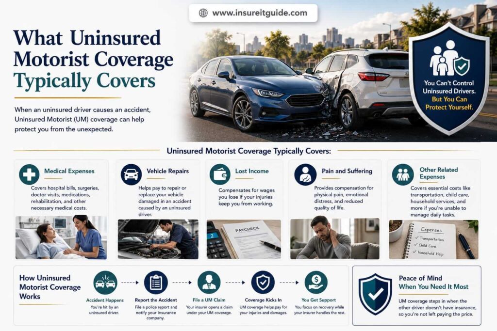 Insurance protection chart displaying medical costs, lost income, rehabilitation expenses, and vehicle repair coverage after uninsured crashes.