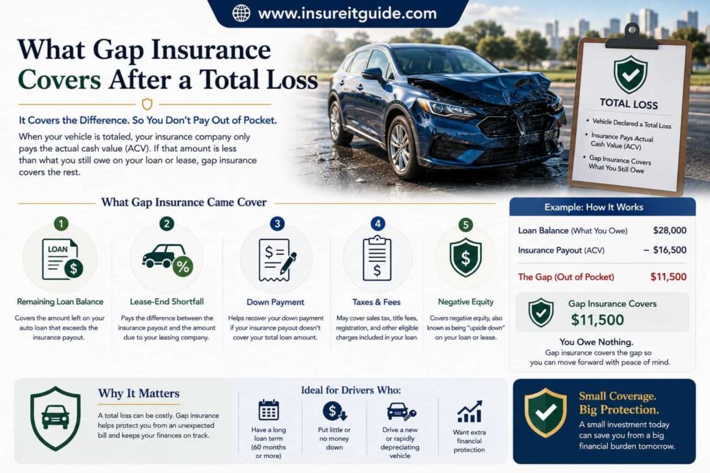 Gap insurance coverage infographic showing remaining financed vehicle loan balances after insurance payouts.