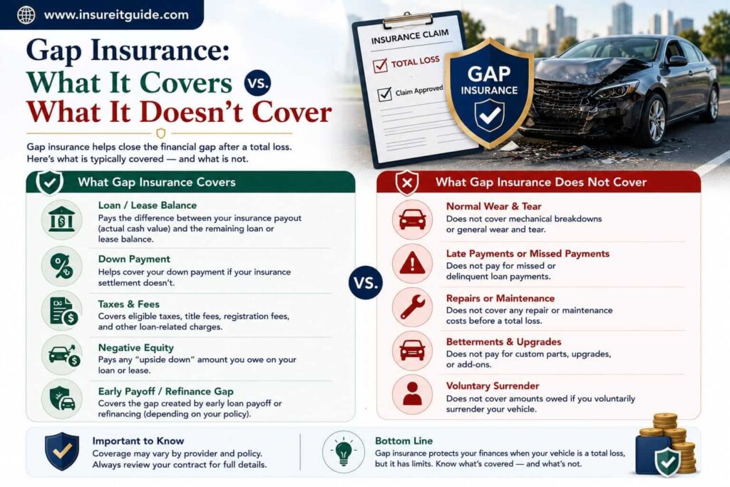 Educational infographic showing common expenses and loan-related costs not covered by gap insurance policies.