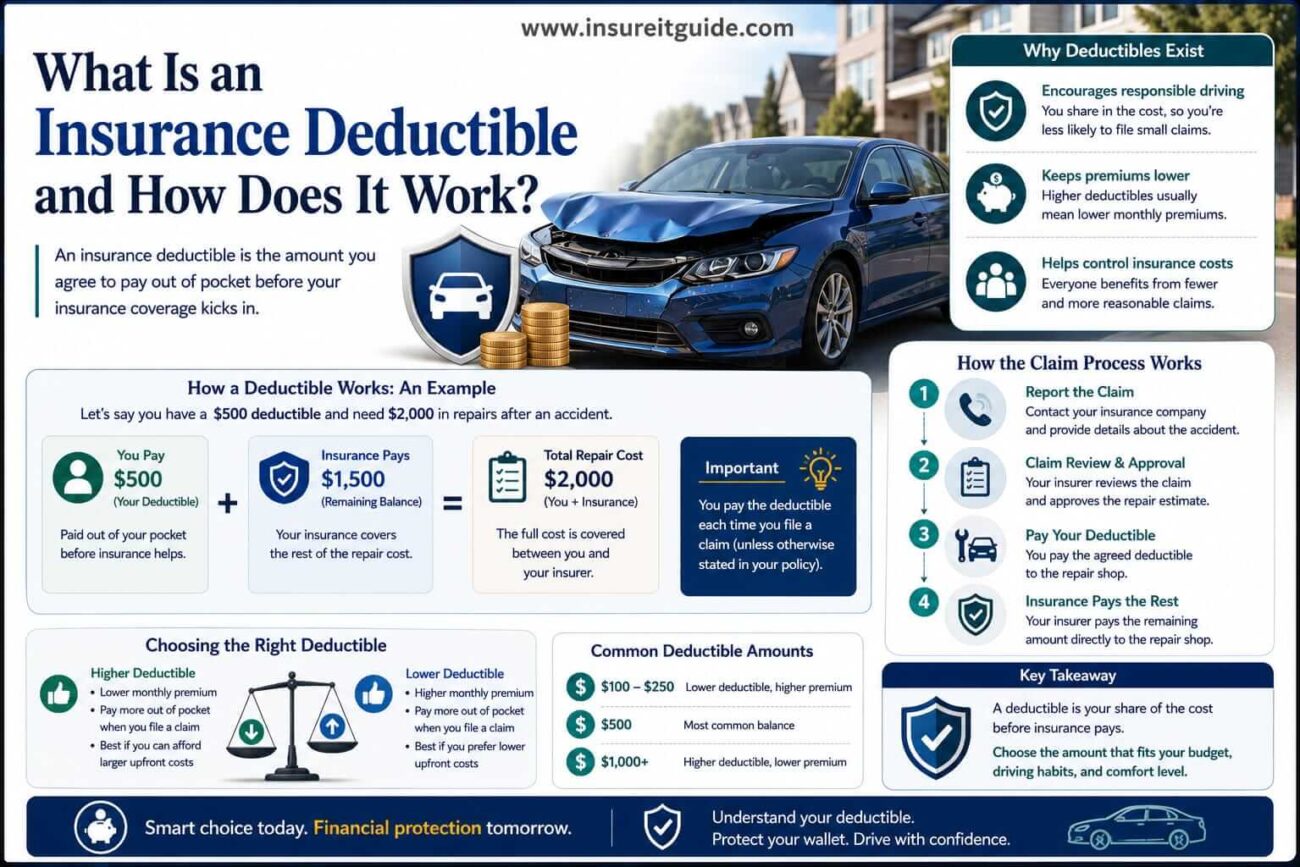Professional infographic explaining how car insurance deductibles work using claim payout examples, out-of-pocket cost comparisons, premium differences, and real-world accident repair scenarios.