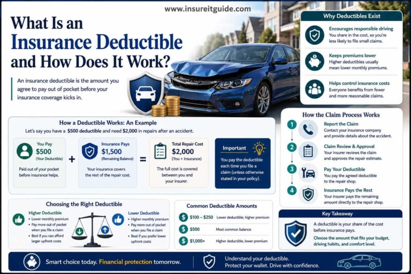 Professional infographic explaining how car insurance deductibles work using claim payout examples, out-of-pocket cost comparisons, premium differences, and real-world accident repair scenarios.