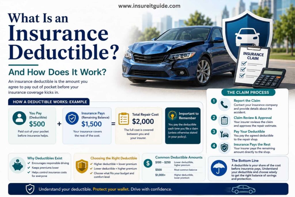 Beginner-friendly infographic explaining what an insurance deductible means and how drivers share claim costs with insurance companies after covered accidents.