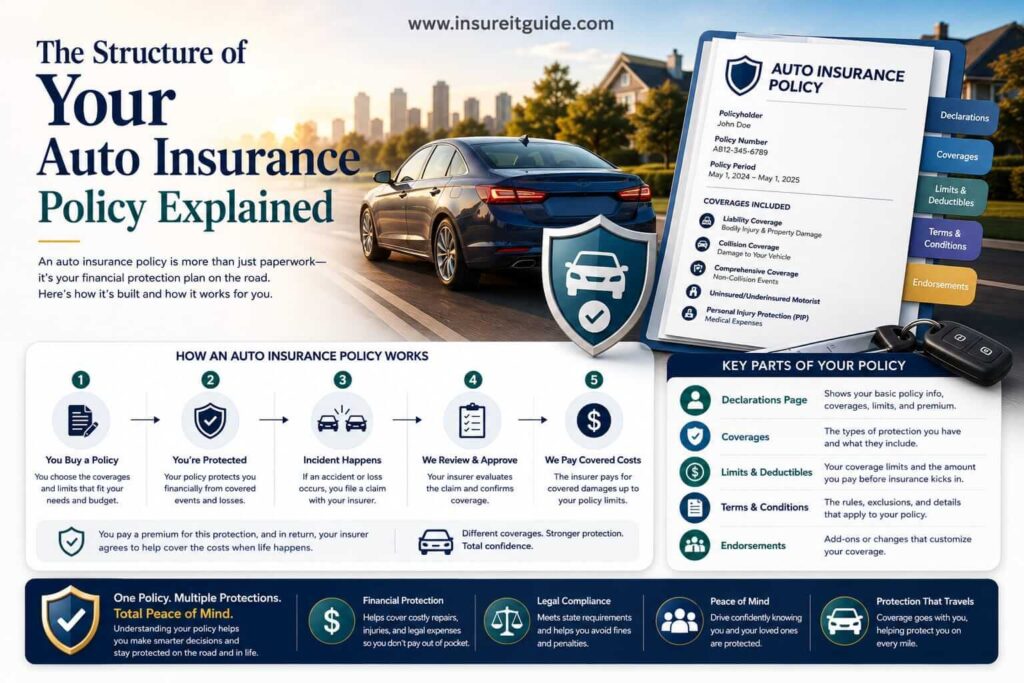 Professional infographic explaining what an auto insurance policy includes, how insurance coverage works, and how drivers receive financial protection after accidents.