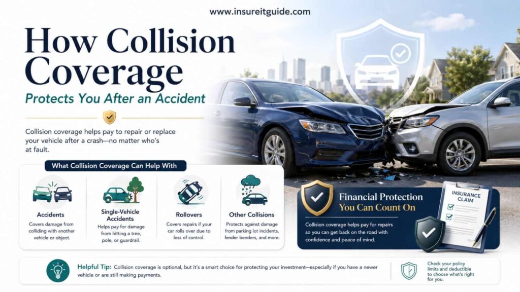Educational infographic explaining how collision coverage helps pay for vehicle damage caused by car accidents, crashes, and collisions with objects or other vehicles.