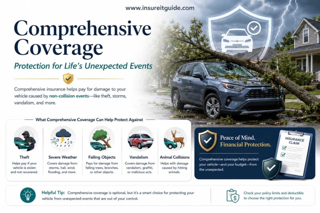 Professional infographic explaining comprehensive auto insurance coverage for theft, vandalism, storms, falling objects, fire, floods, and other non-collision vehicle damage.