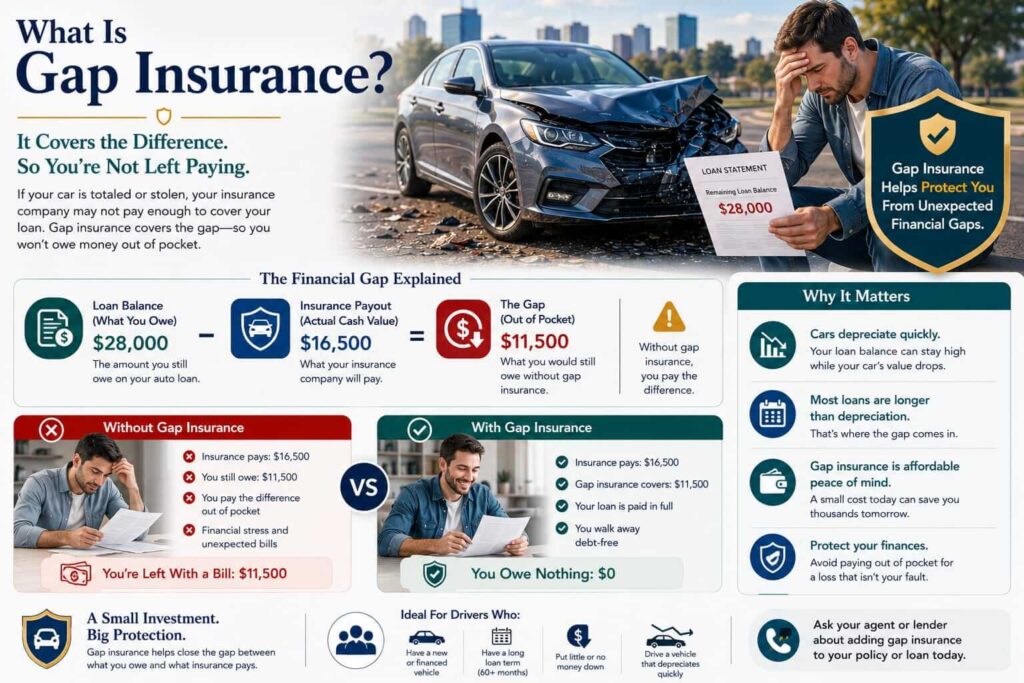 Educational infographic explaining how gap insurance covers the difference between a vehicle insurance payout and the remaining loan balance after a total loss accident.