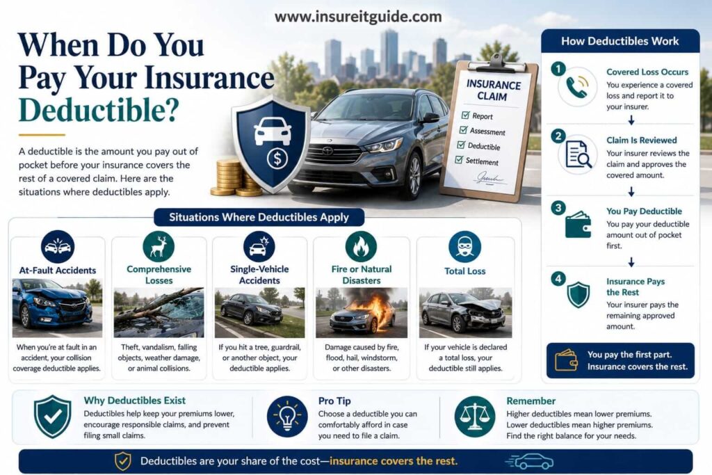 Step-by-step infographic explaining when drivers must pay insurance deductibles during covered accident, collision, and comprehensive insurance claims.