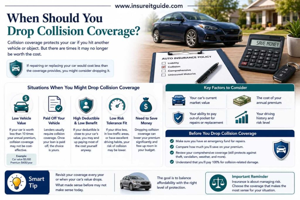 Insurance infographic explaining when drivers may consider dropping collision coverage for older vehicles with lower market value and expensive premiums.