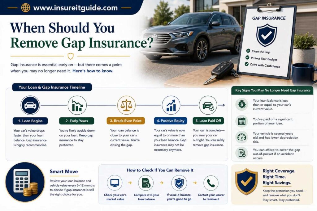 Vehicle equity timeline infographic showing when drivers may safely remove gap insurance coverage after paying down their auto loan.