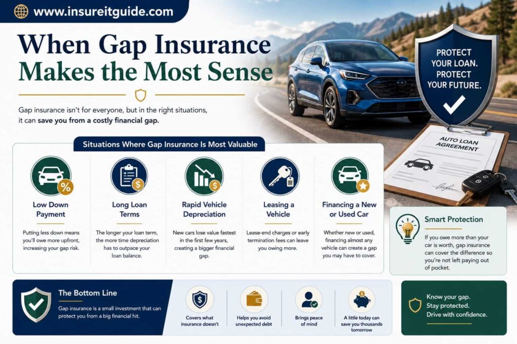 Situations where drivers may benefit from gap insurance include long-term financing and low vehicle down payments.