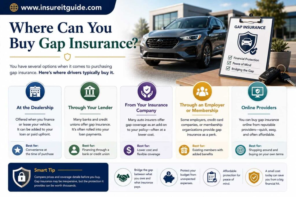 Guide comparing dealerships, lenders, banks, and insurance companies offering gap insurance coverage for financed vehicles.