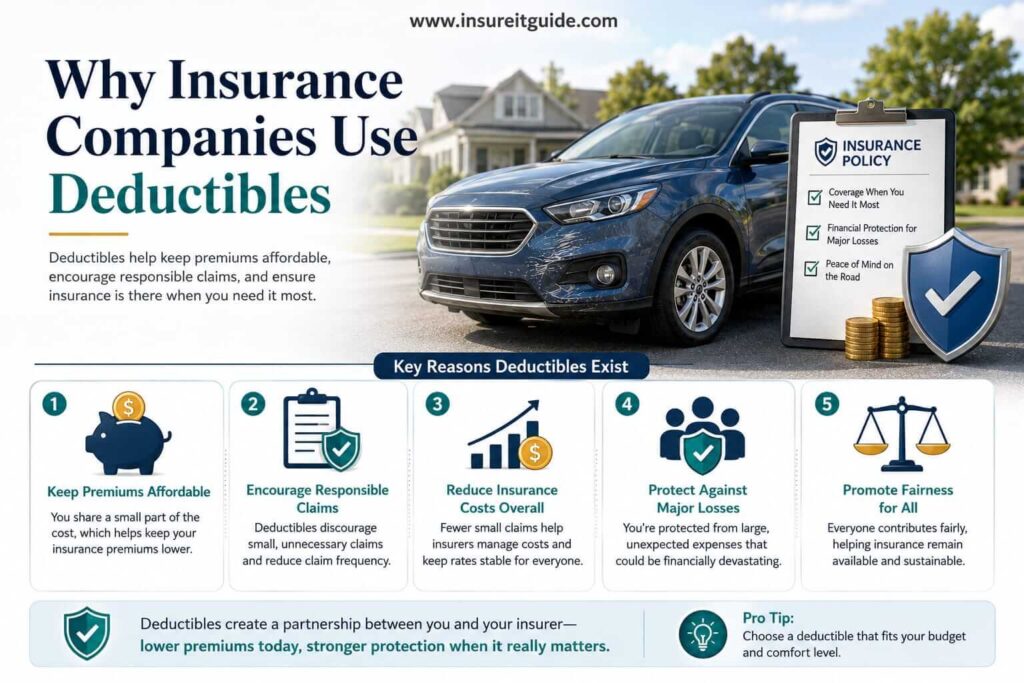 Educational infographic explaining why insurance companies use deductibles to reduce claim frequency, manage financial risk, and help balance insurance premiums.