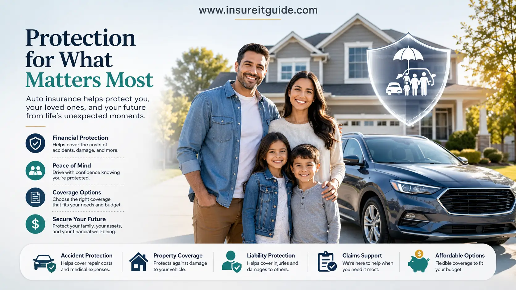 About InsureitGuide family home and vehicle representing insurance education and financial protection