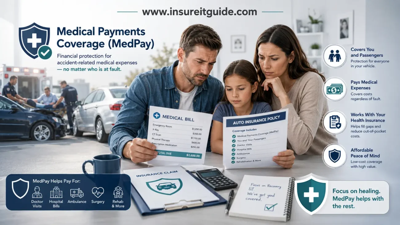 A driver reviews medical bills and insurance documents after an accident, illustrating medical payments coverage benefits.