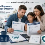 A driver reviews medical bills and insurance documents after an accident, illustrating medical payments coverage benefits.
