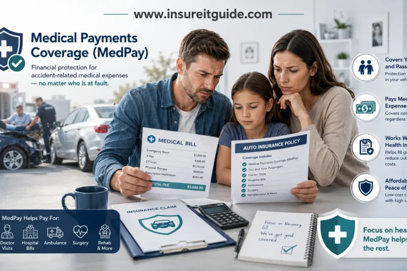 A driver reviews medical bills and insurance documents after an accident, illustrating medical payments coverage benefits.