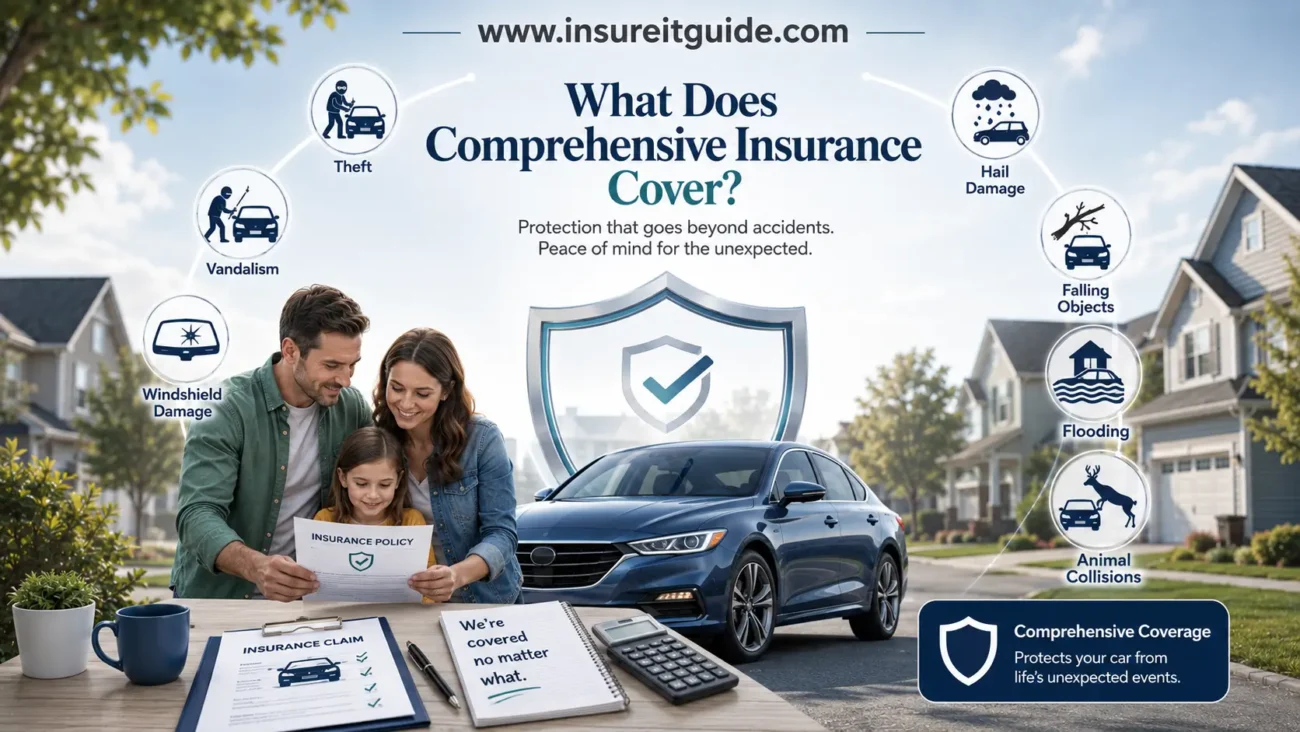 Family reviewing insurance documents beside a car with icons showing what does comprehensive insurance cover, including theft, hail, and vandalism.