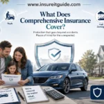 Family reviewing insurance documents beside a car with icons showing what does comprehensive insurance cover, including theft, hail, and vandalism.