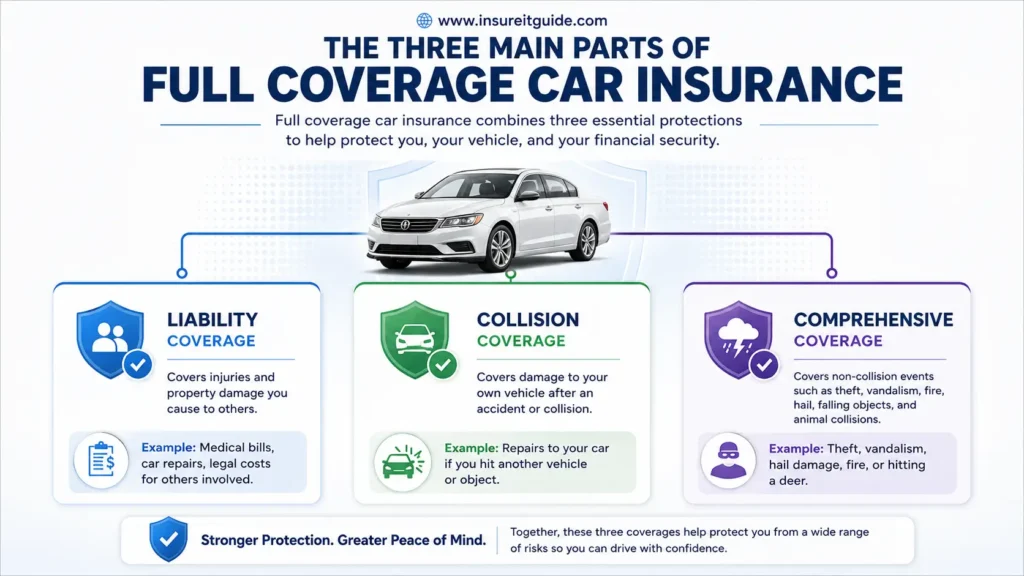 Infographic explaining the three main parts of full coverage car insurance including liability, collision, and comprehensive coverage